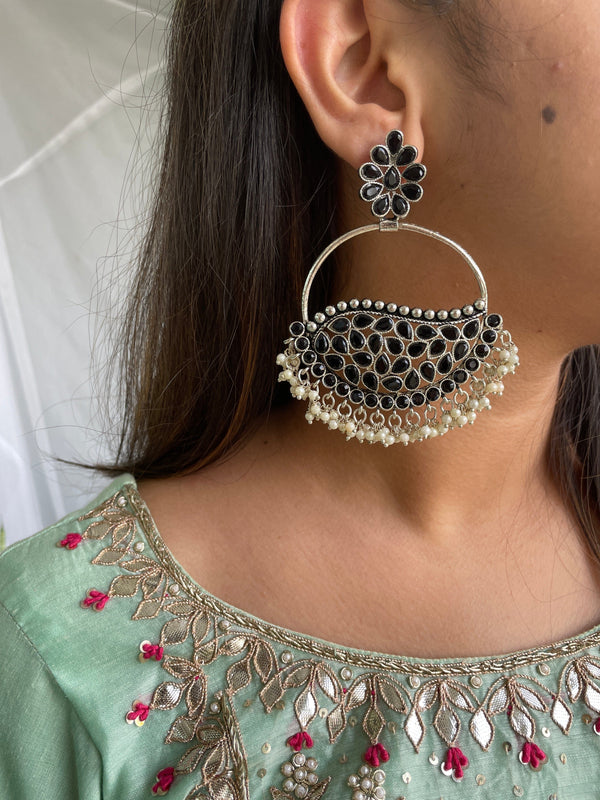 Oxidised Silver Tone Large Stone Earrings - Black - Desi Closet