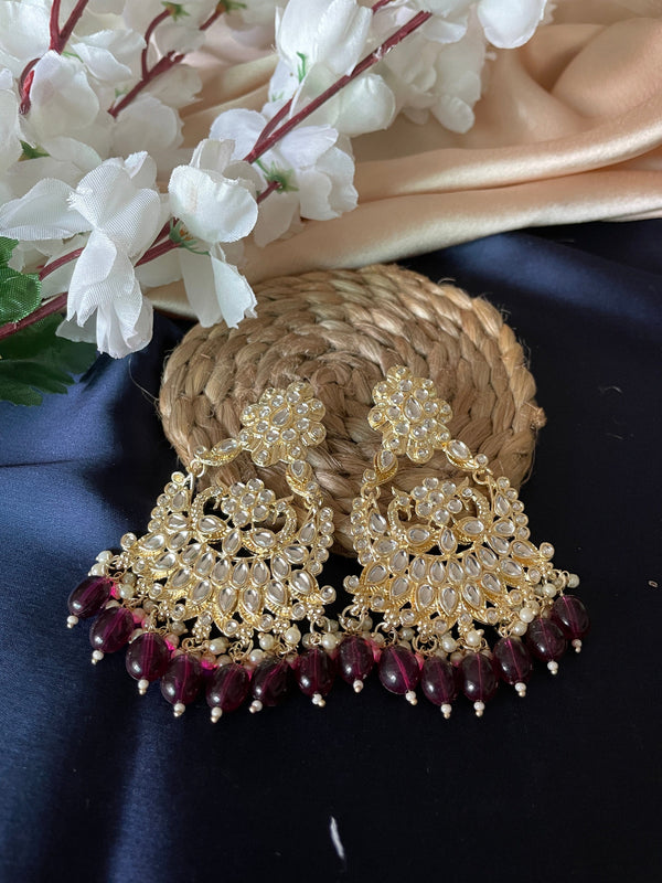 Super Light Peacock Kundan Danglers - Wine - Desi Closet