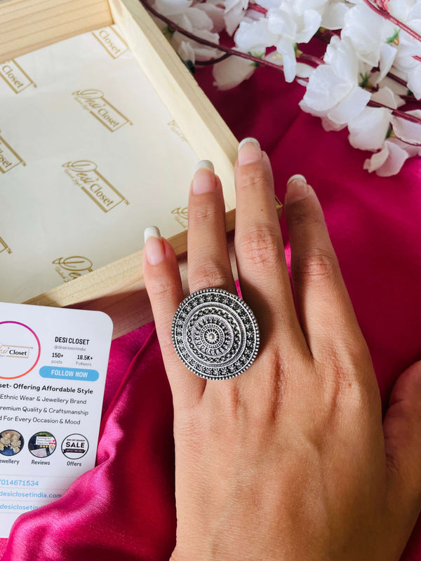 German Silver Oxidised Boho Ring 15 - Desi Closet