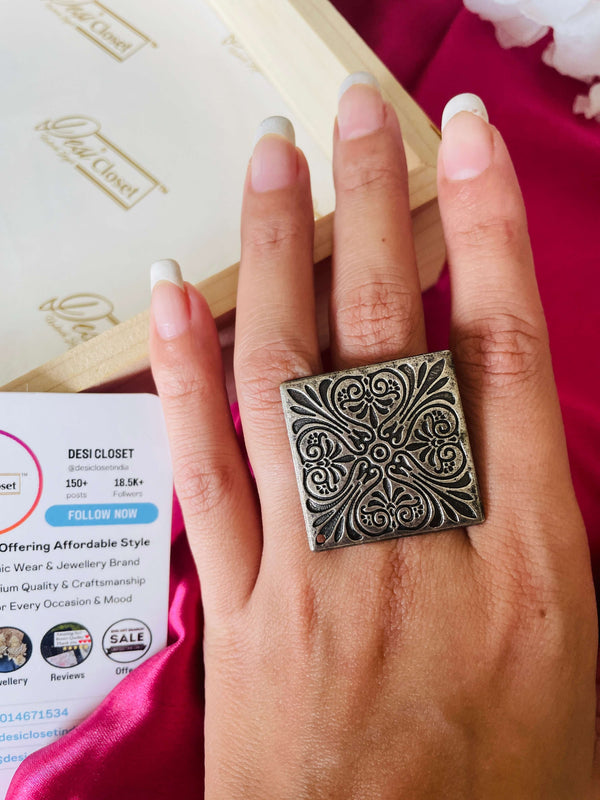 German Silver Oxidised Boho Ring 11 - Desi Closet