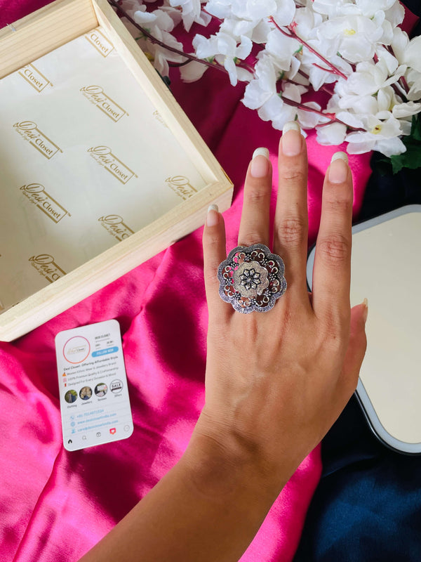 German Silver Oxidised Boho Ring 13 - Desi Closet