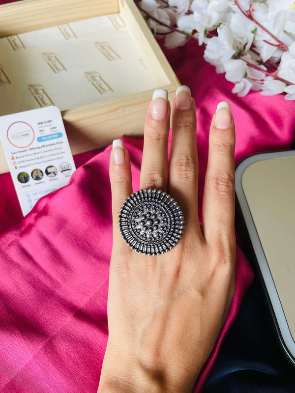 German Silver Oxidised Boho Ring 5 - Desi Closet