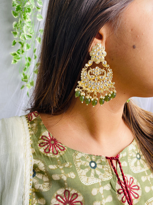 Super Light Peacock Kundan Danglers - Green - Desi Closet