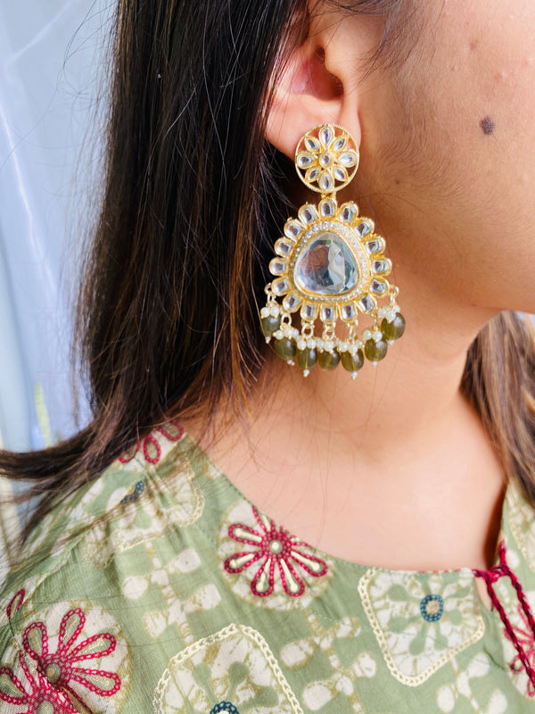 Polki Studded Green Drop Earrings - Desi Closet