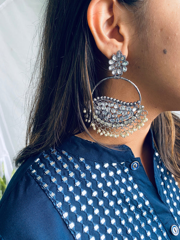 Oxidised Silver Tone Large Stone Earrings - Desi Closet