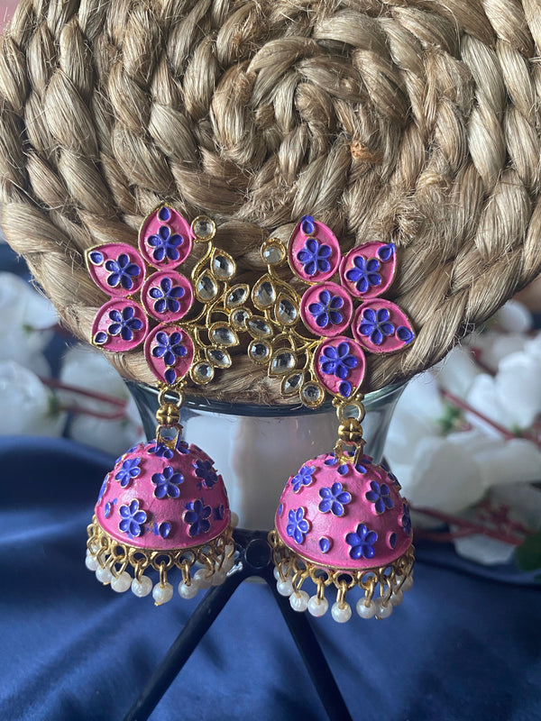 Statement Ethnic Floral Jhumki - Pink & Blue - Desi Closet