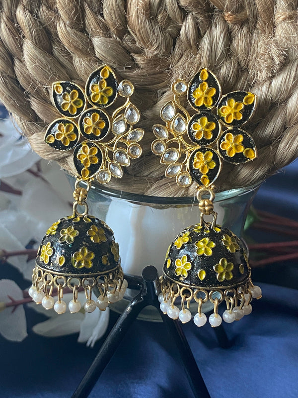 Statement Ethnic Floral Jhumki - Black and Yellow - Desi Closet