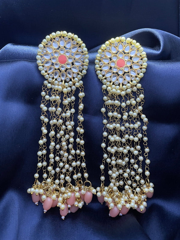 Stone Studded Pearl Dangler Earrings - Peach - Desi Closet