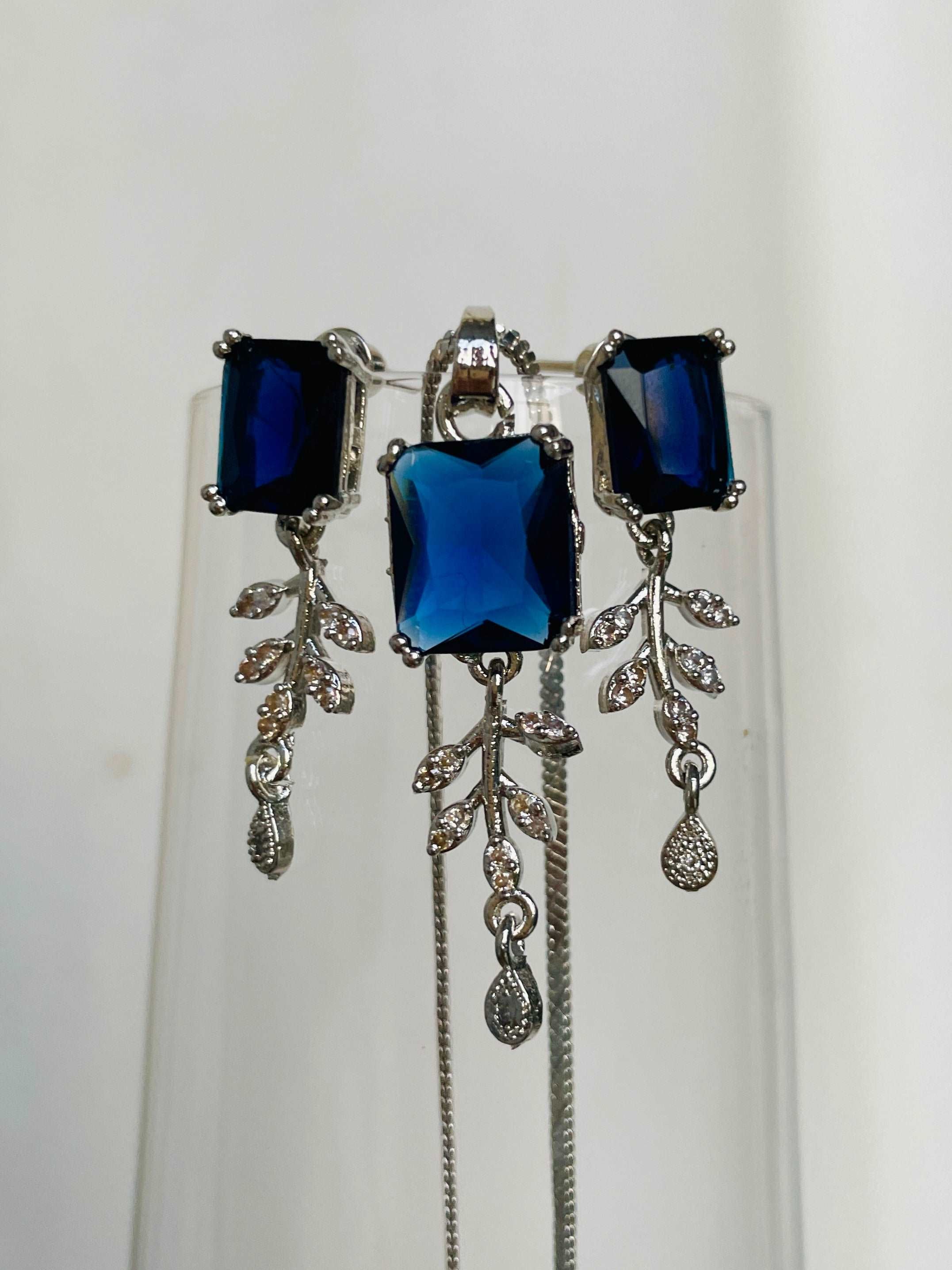 American Diamond Blue Daali Pendant Chain & Earring Set - Desi Closet