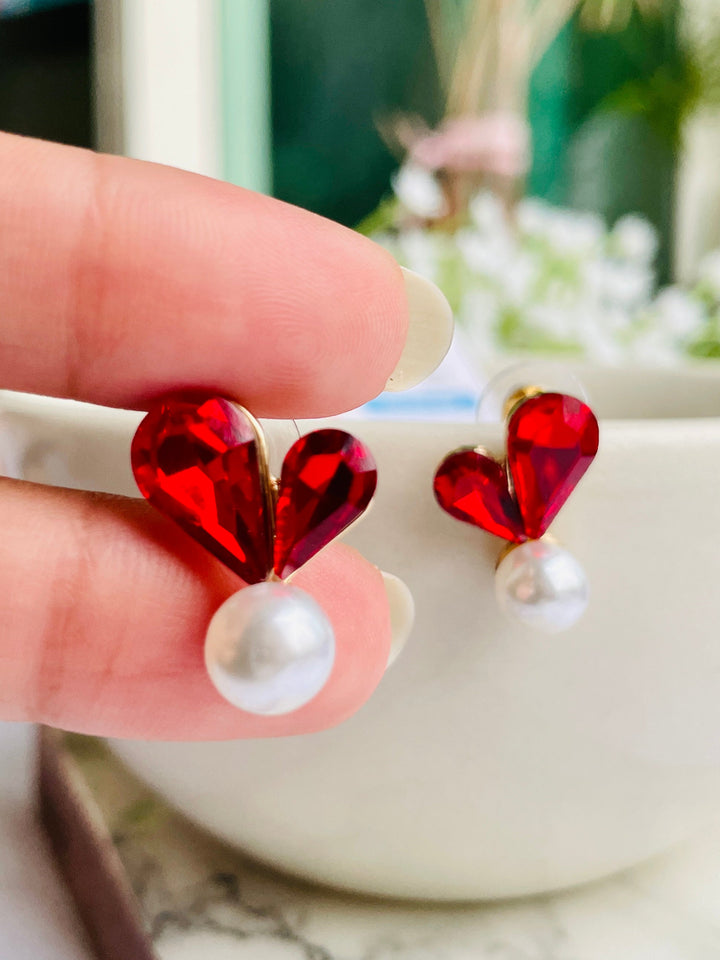 Red Stone Hearts with Pearl - Desi Closet