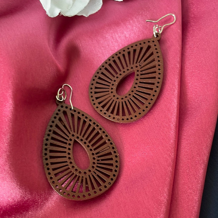 Wooden Drop Shape Earrings - Light Brown - Desi Closet