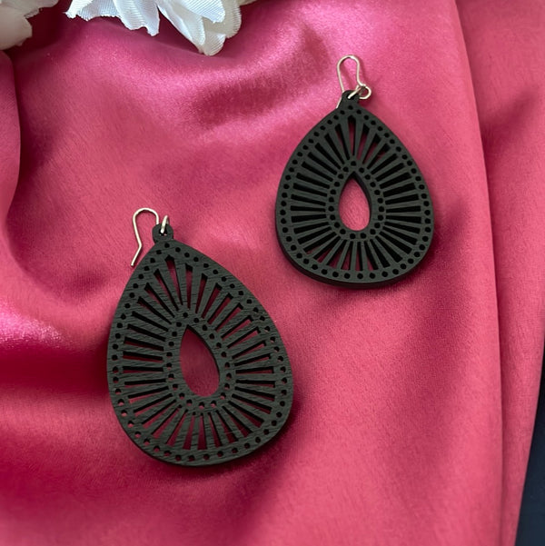 Wooden Drop Shape Earrings - Black - Desi Closet