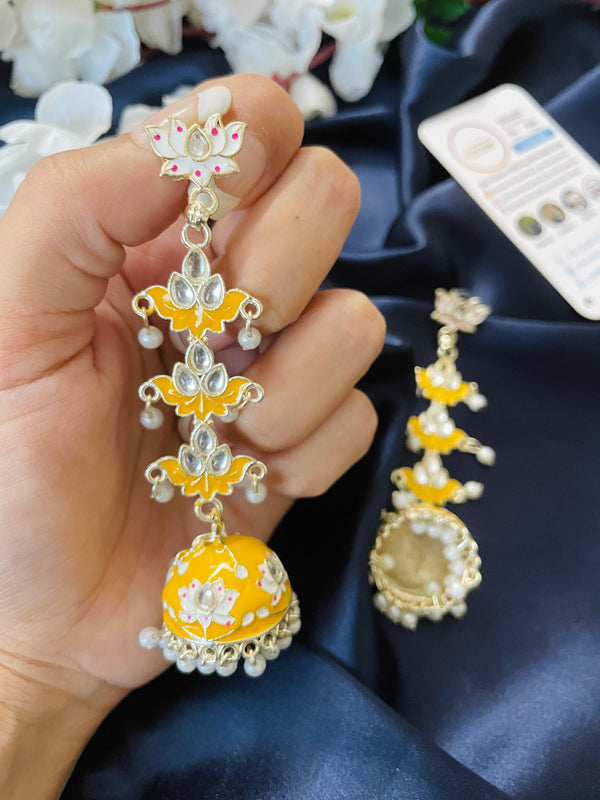 Yellow Meena Work Long Jhumki - Desi Closet