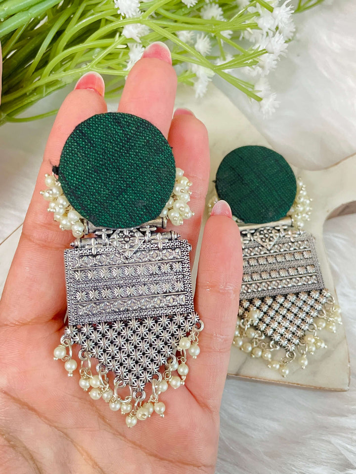 Green Fabric Oxidised Boho Drops - Desi Closet