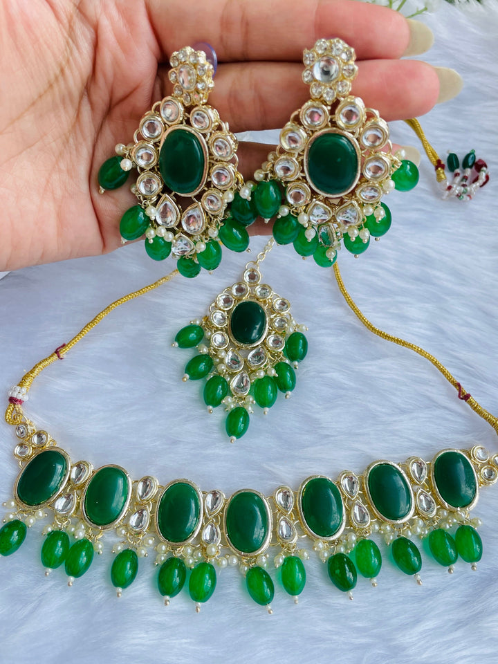 Round Cut Green Stone and Kundan Choker with Earrings and Maang Tika - Desi Closet