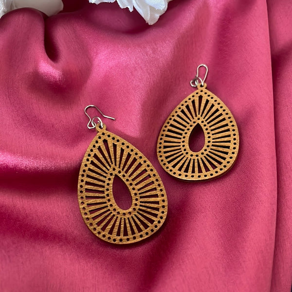 Wooden Drop Shape Earrings - Tan - Desi Closet