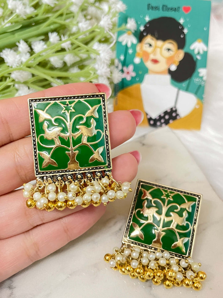 Sundaram Meenakari Studs - Green - Desi Closet