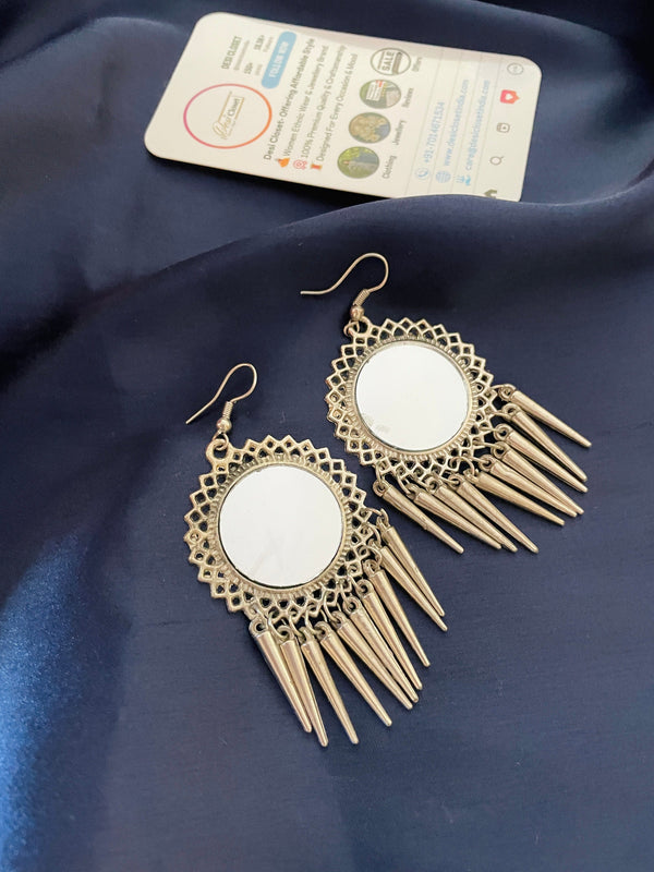 Oxidised Needle Mirror Drop Earrings - Desi Closet