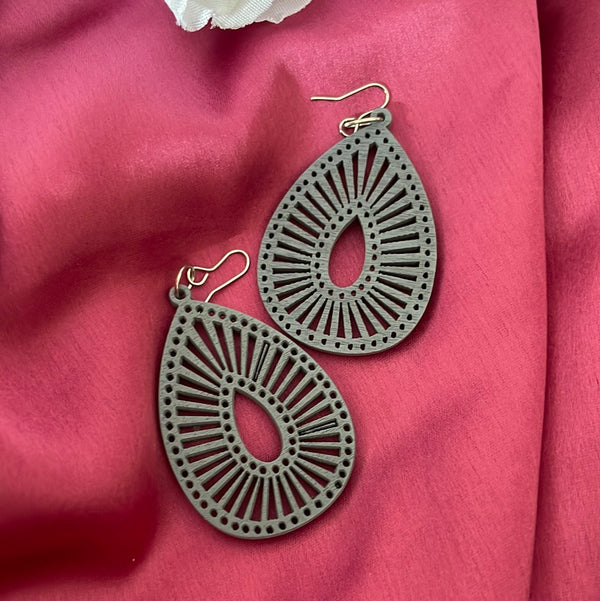 Wooden Drop Shape Earrings - Grey - Desi Closet